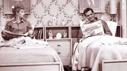 The typical 1950's twin bed arrangement, as seen on popular tv show 'I Love Lucy'